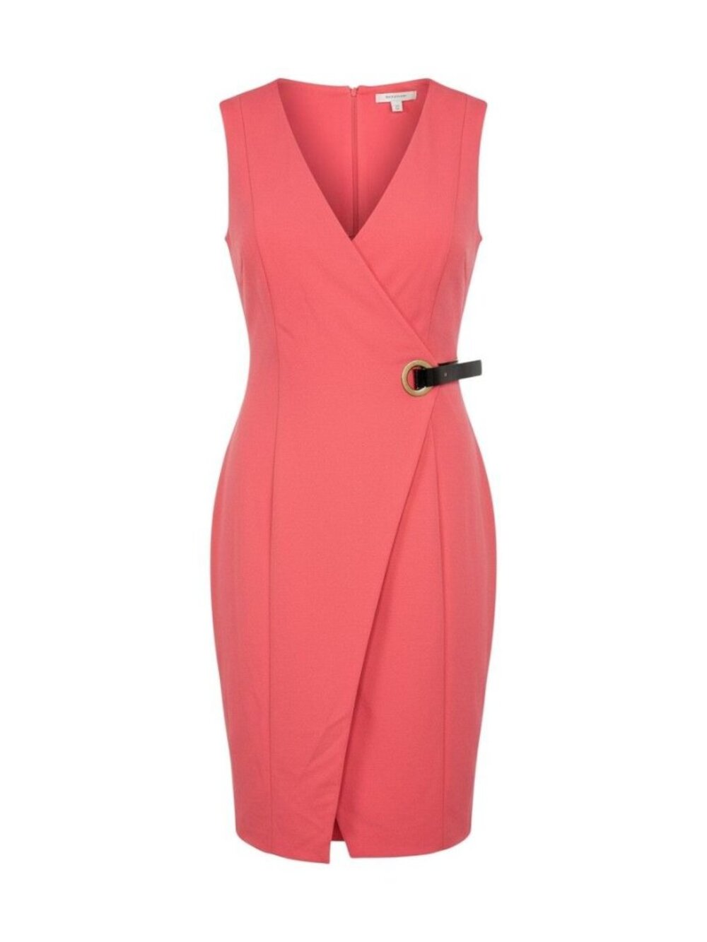 Calvin Klein Coral Faux Wrap Sleeveless Dress Black Belt Accent Size 10